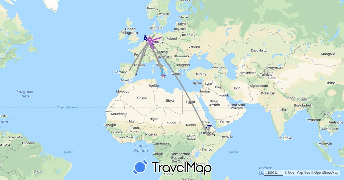 TravelMap itinerary: driving, bus, plane, train, hiking, boat in Germany, Spain, Ethiopia, Italy, Netherlands (Africa, Europe)