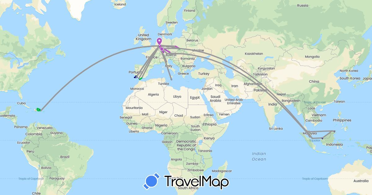 TravelMap itinerary: driving, bus, plane, cycling, train, boat in Brunei, Germany, Dominican Republic, Spain, Italy, Malta, Malaysia, Poland, Portugal, Singapore (Asia, Europe, North America)