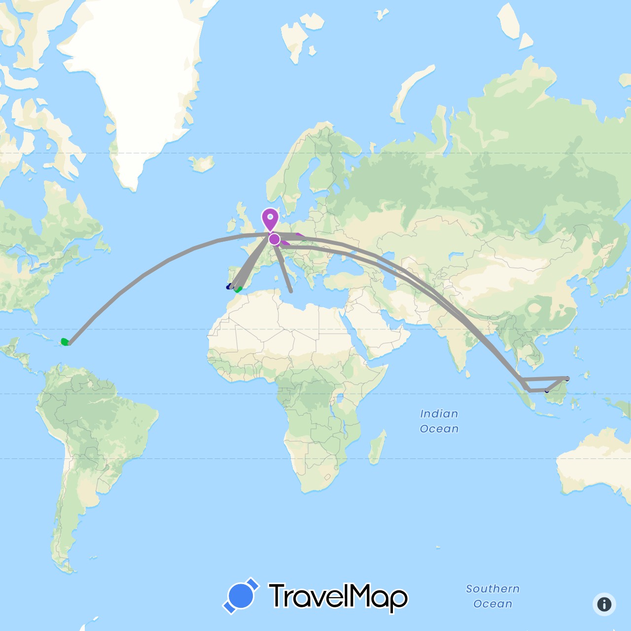 TravelMap itinerary: driving, bus, plane, cycling, train, boat in Brunei, Germany, Dominican Republic, Spain, Italy, Malta, Malaysia, Poland, Portugal, Singapore (Asia, Europe, North America)