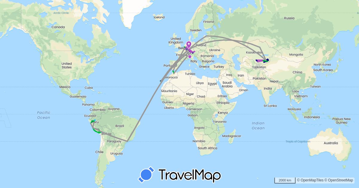 TravelMap itinerary: driving, bus, plane, train, hiking, boat in Belgium, Brazil, Germany, Spain, Italy, Kyrgyzstan, Kazakhstan, Luxembourg, Latvia, Morocco, Peru (Africa, Asia, Europe, South America)