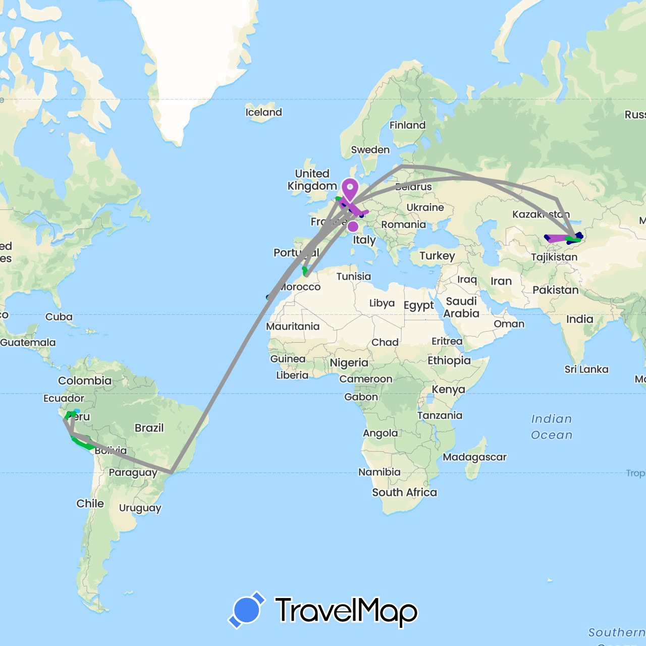 TravelMap itinerary: driving, bus, plane, train, hiking, boat in Belgium, Brazil, Germany, Spain, Italy, Kyrgyzstan, Kazakhstan, Luxembourg, Latvia, Morocco, Peru (Africa, Asia, Europe, South America)