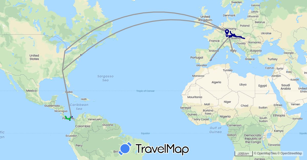 TravelMap itinerary: driving, bus, plane, train, hiking, boat in Austria, Costa Rica, Germany, Spain, Hungary, Italy, Panama, Slovakia, United States (Europe, North America)