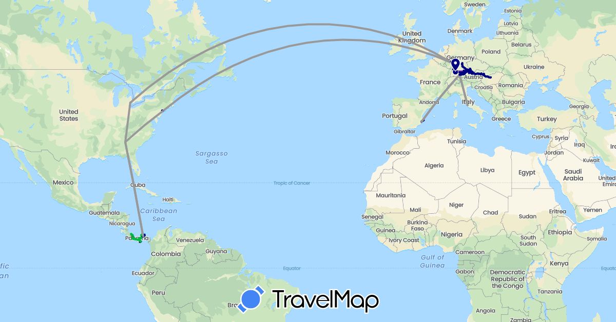 TravelMap itinerary: driving, bus, plane, train, hiking, boat in Austria, Costa Rica, Germany, Spain, Hungary, Italy, Panama, Slovakia, United States (Europe, North America)