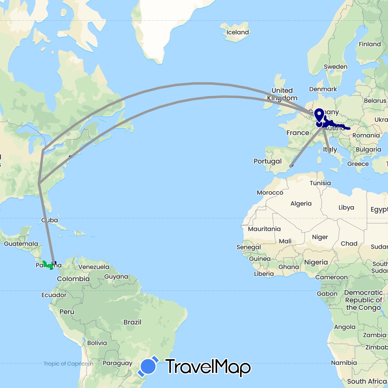 TravelMap itinerary: driving, bus, plane, train, hiking, boat in Austria, Costa Rica, Germany, Spain, Hungary, Italy, Panama, Slovakia, United States (Europe, North America)