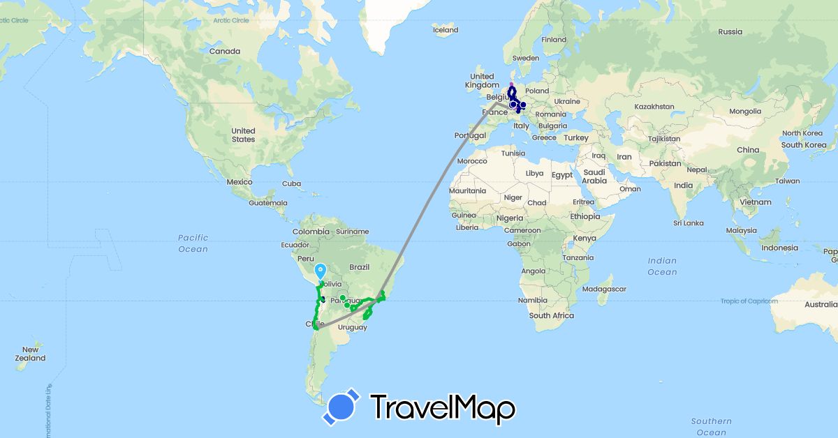 TravelMap itinerary: driving, bus, plane, train, hiking, boat in Argentina, Austria, Bolivia, Brazil, Switzerland, Chile, Germany, France, Italy, Paraguay (Europe, South America)