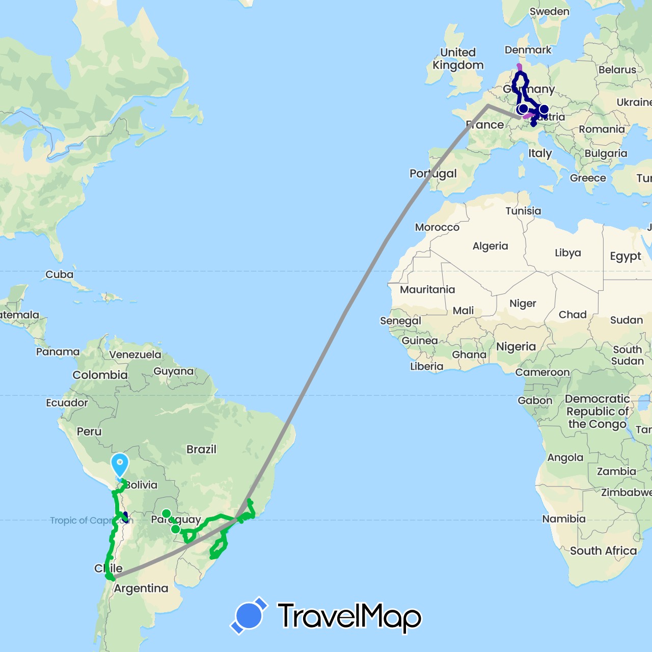 TravelMap itinerary: driving, bus, plane, train, hiking, boat in Argentina, Austria, Bolivia, Brazil, Switzerland, Chile, Germany, France, Italy, Paraguay (Europe, South America)