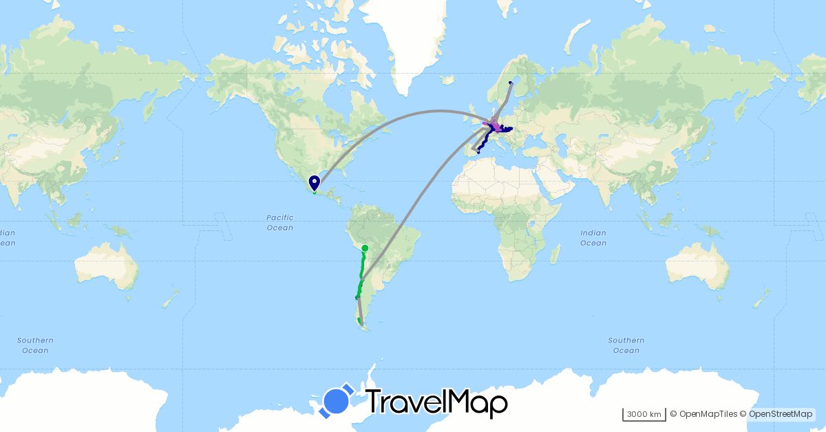 TravelMap itinerary: driving, bus, plane, cycling, train, hiking in Belgium, Bolivia, Chile, Czech Republic, Germany, Denmark, Spain, France, Mexico, Netherlands, Sweden, Slovakia (Europe, North America, South America)