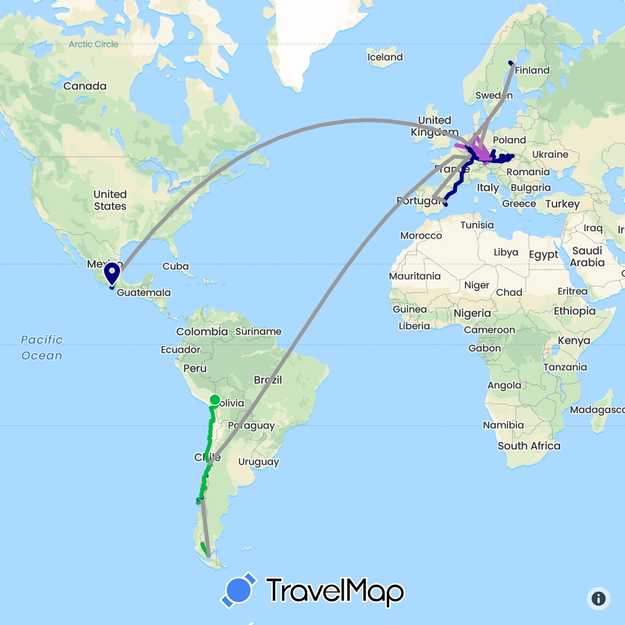 TravelMap itinerary: driving, bus, plane, cycling, train, hiking in Belgium, Bolivia, Chile, Czech Republic, Germany, Denmark, Spain, France, Mexico, Netherlands, Sweden, Slovakia (Europe, North America, South America)
