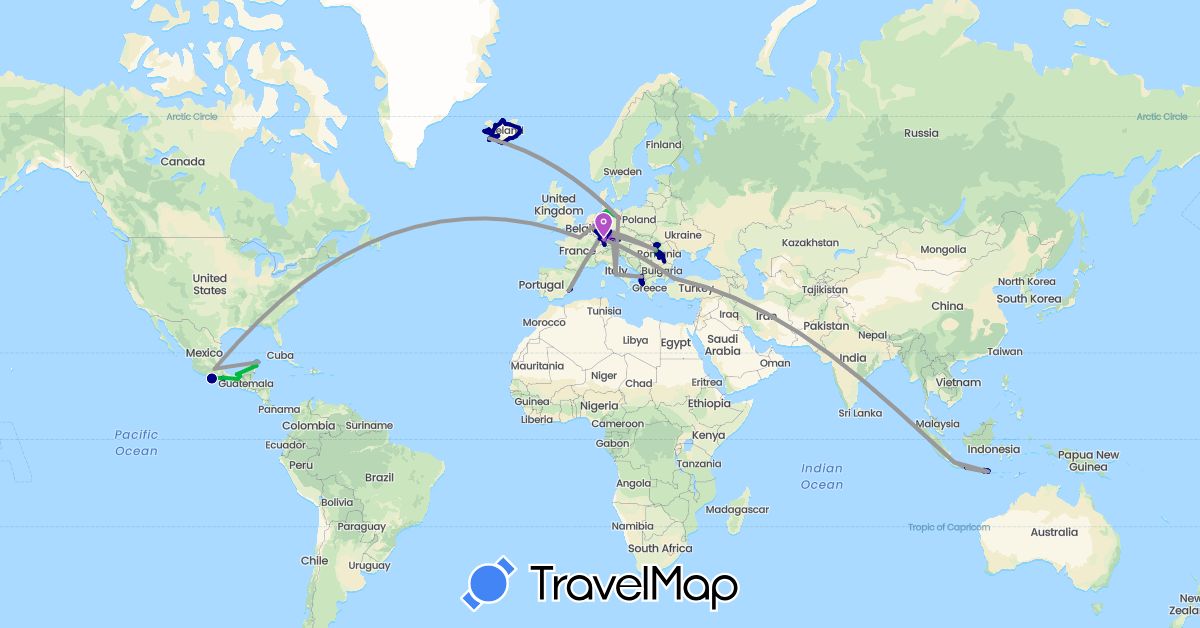 TravelMap itinerary: driving, bus, plane, train, hiking, boat in Albania, Germany, Spain, France, Indonesia, Iceland, Italy, Mexico, Romania, Turkey (Asia, Europe, North America)
