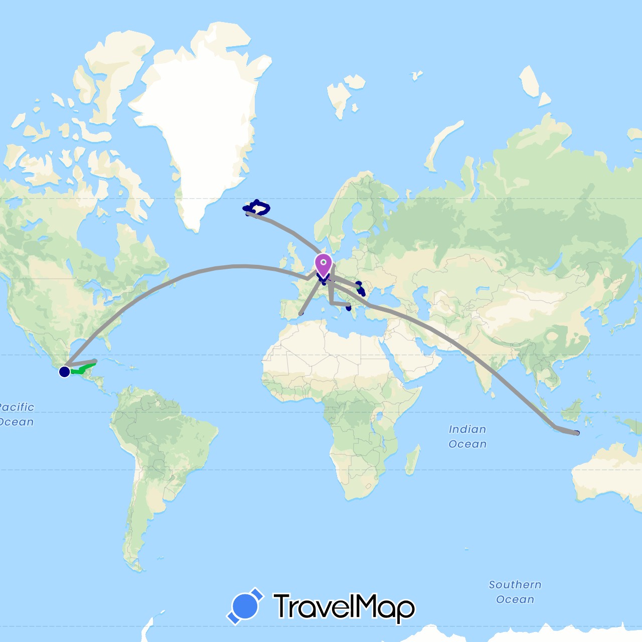 TravelMap itinerary: driving, bus, plane, train, hiking, boat in Albania, Germany, Spain, France, Indonesia, Iceland, Italy, Mexico, Romania, Turkey (Asia, Europe, North America)