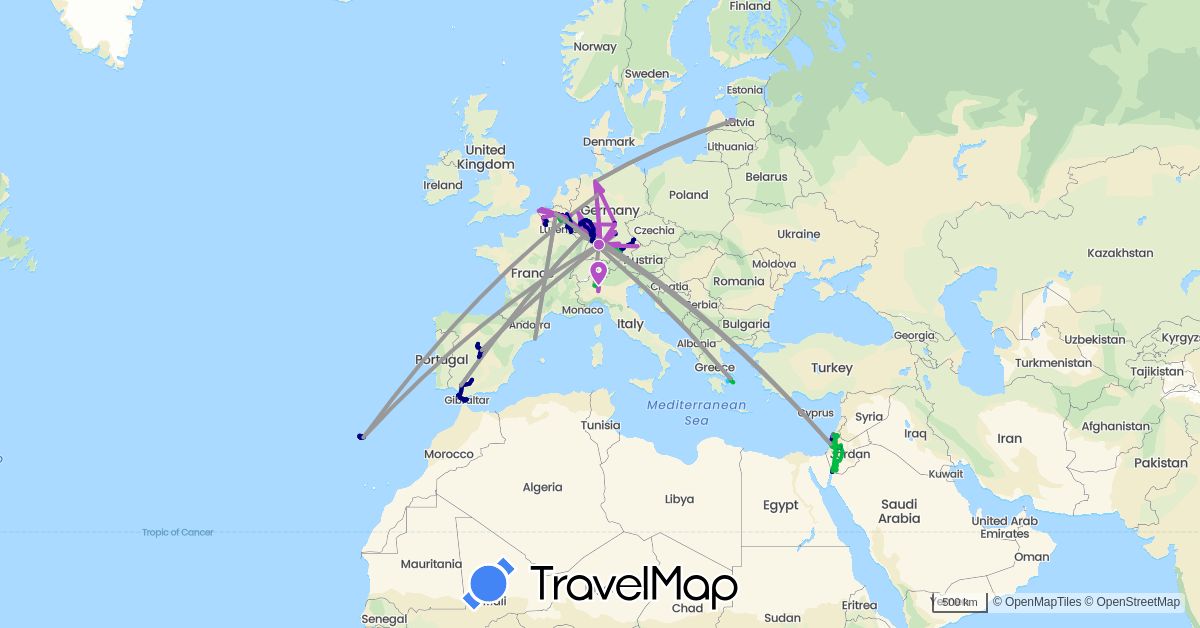 TravelMap itinerary: driving, bus, plane, train, hiking, boat in Belgium, Germany, Spain, France, Gibraltar, Greece, Israel, Italy, Jordan, Luxembourg, Latvia, Netherlands, Palestinian Territories, Portugal (Asia, Europe)