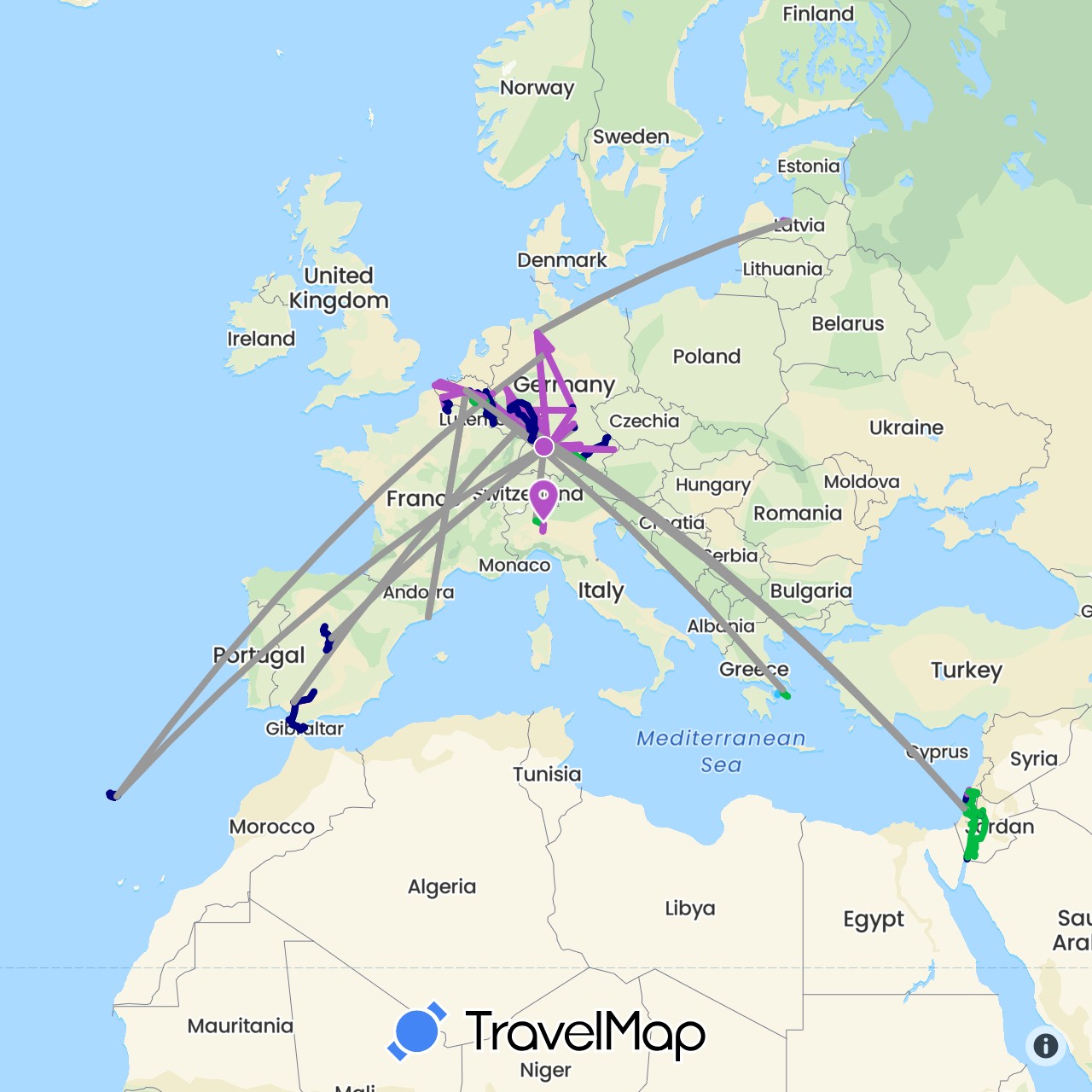 TravelMap itinerary: driving, bus, plane, train, hiking, boat in Belgium, Germany, Spain, France, Gibraltar, Greece, Israel, Italy, Jordan, Luxembourg, Latvia, Netherlands, Palestinian Territories, Portugal (Asia, Europe)