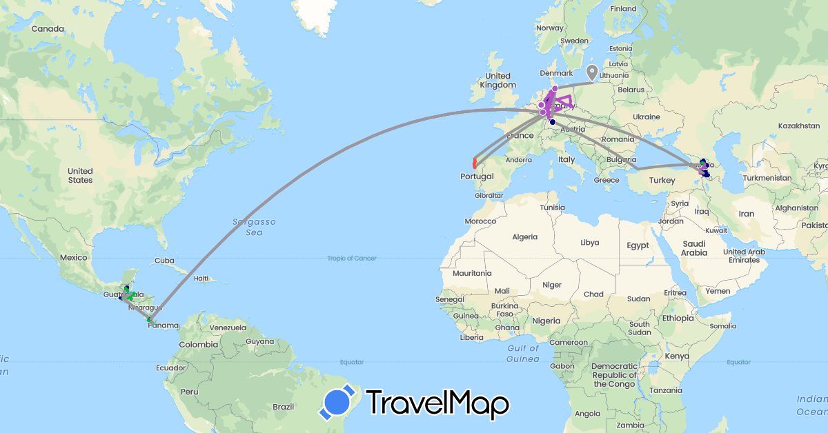 TravelMap itinerary: driving, bus, plane, train, hiking, boat, motorbike in Armenia, Costa Rica, Germany, Spain, Georgia, Guatemala, Honduras, Poland, Portugal, Turkey (Asia, Europe, North America)