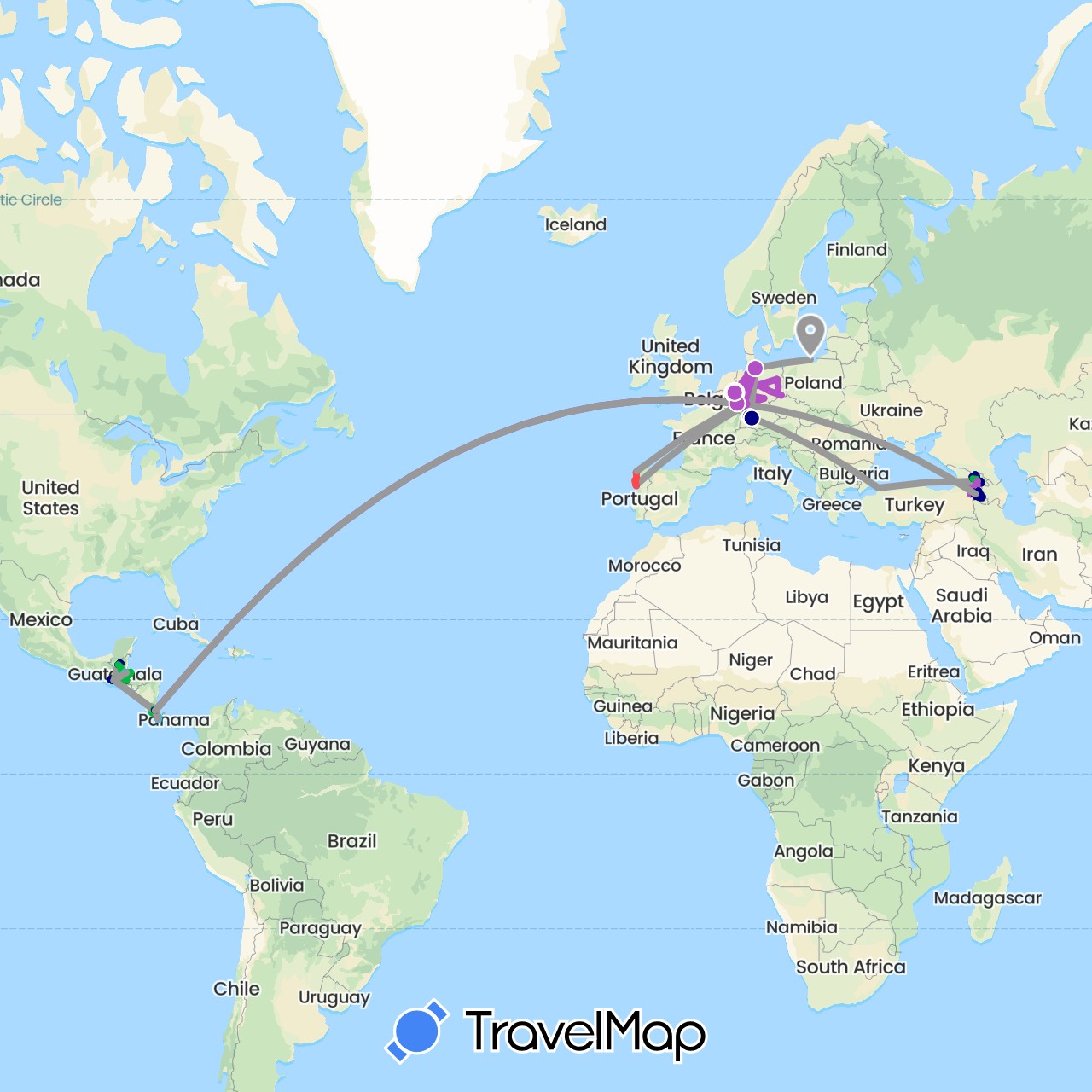 TravelMap itinerary: driving, bus, plane, train, hiking, boat, motorbike in Armenia, Costa Rica, Germany, Spain, Georgia, Guatemala, Honduras, Poland, Portugal, Turkey (Asia, Europe, North America)