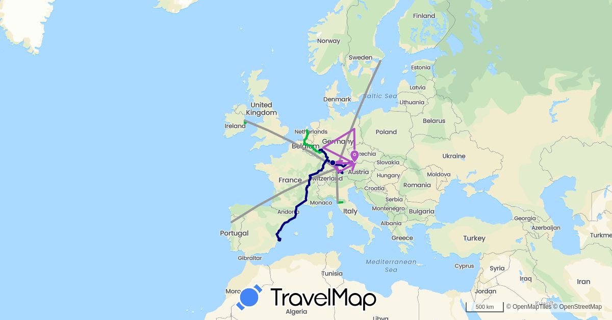 TravelMap itinerary: driving, bus, plane, train in Austria, Belgium, Germany, Spain, Ireland, Italy, Netherlands, Portugal, Sweden (Europe)