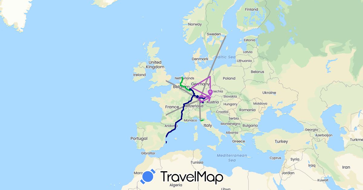 TravelMap itinerary: driving, bus, plane, train in Austria, Belgium, Germany, Spain, Ireland, Italy, Netherlands, Portugal, Sweden (Europe)