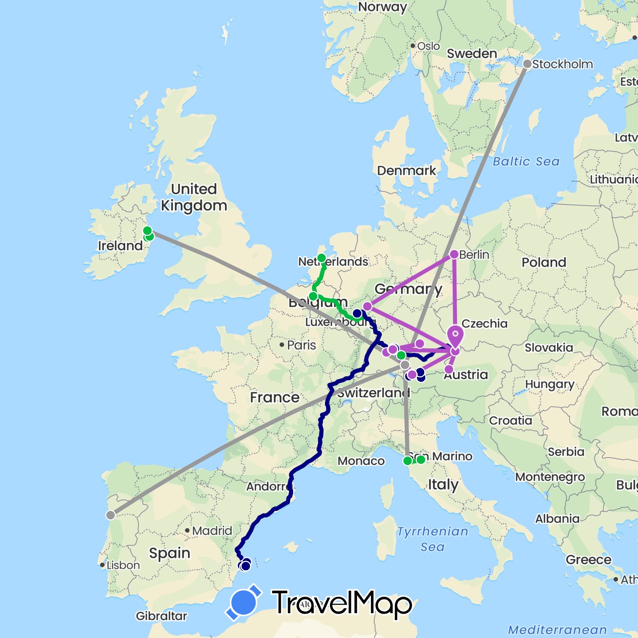 TravelMap itinerary: driving, bus, plane, train in Austria, Belgium, Germany, Spain, Ireland, Italy, Netherlands, Portugal, Sweden (Europe)