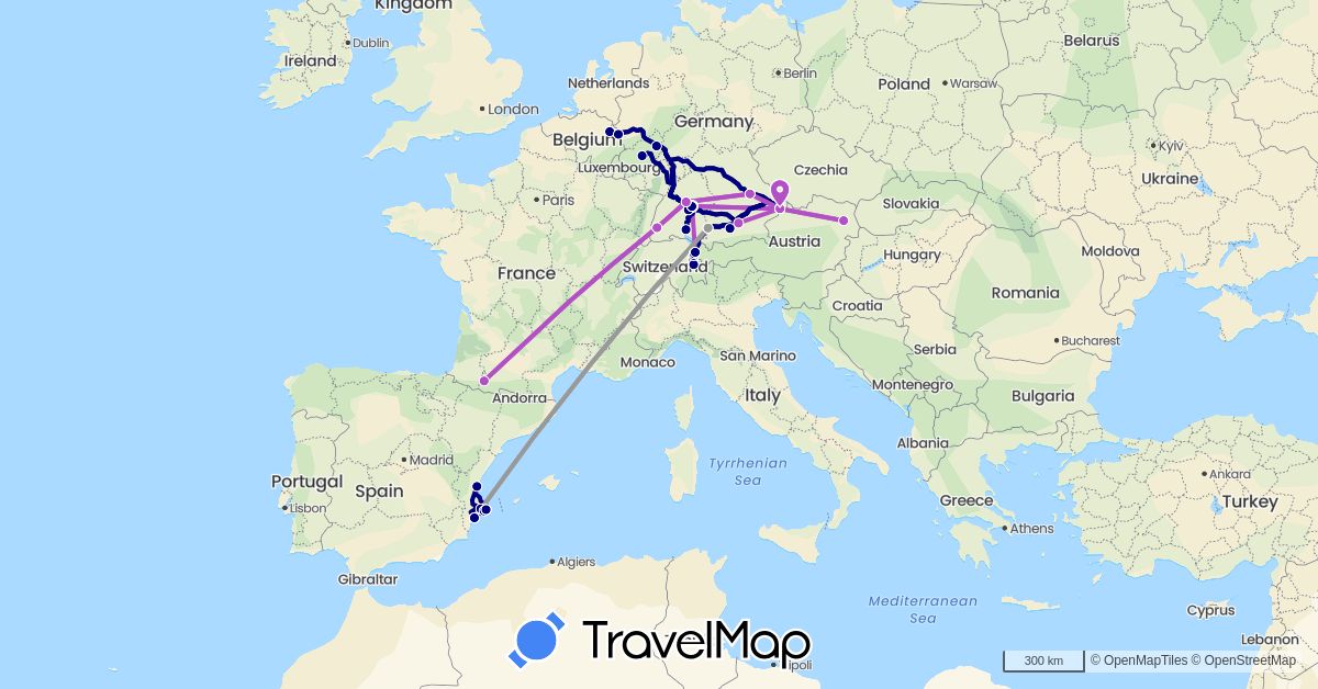 TravelMap itinerary: driving, plane, train in Austria, Switzerland, Germany, Spain, France, Liechtenstein, Netherlands (Europe)
