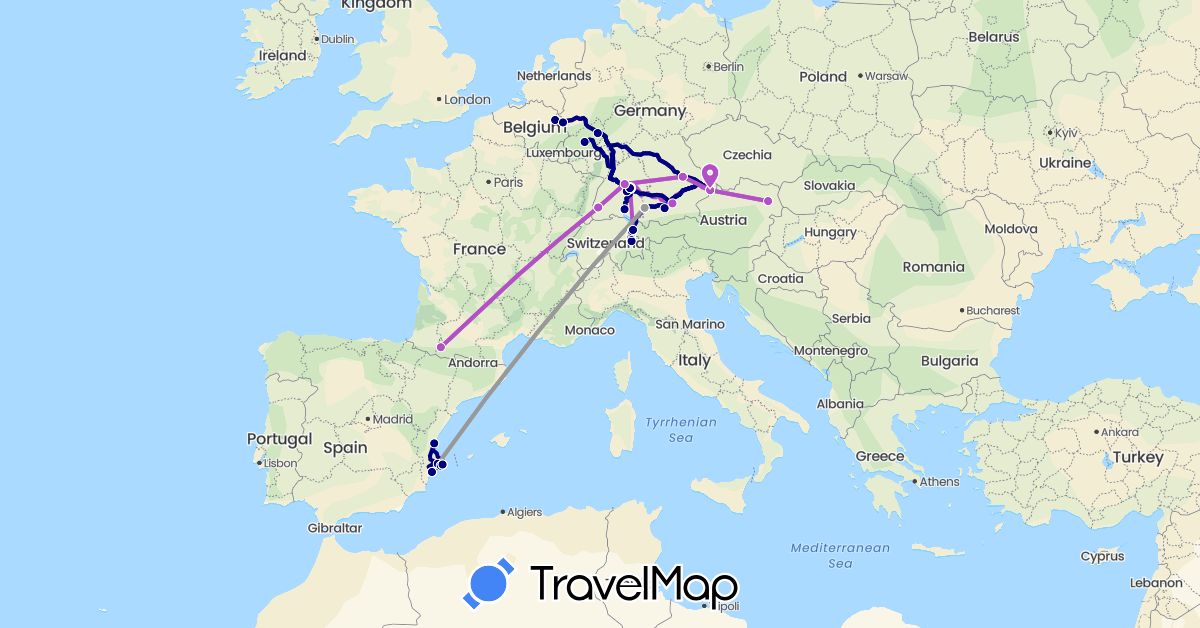 TravelMap itinerary: driving, plane, train in Austria, Switzerland, Germany, Spain, France, Liechtenstein, Netherlands (Europe)