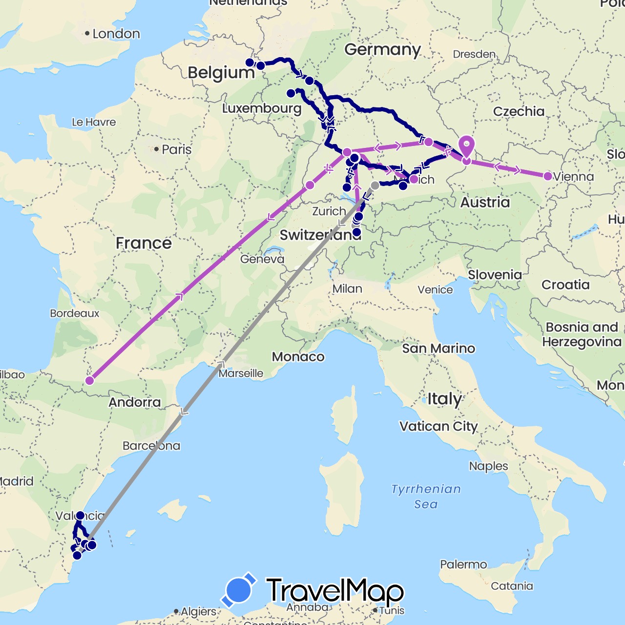 TravelMap itinerary: driving, plane, train in Austria, Switzerland, Germany, Spain, France, Liechtenstein, Netherlands (Europe)