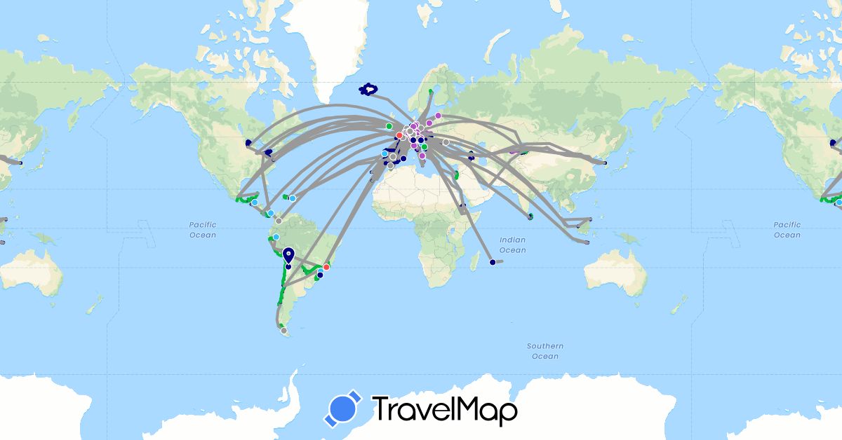 TravelMap itinerary: driving, bus, plane, cycling, train, hiking, boat, motorbike, electric vehicle in Andorra, United Arab Emirates, Albania, Armenia, Argentina, Austria, Belgium, Brunei, Bolivia, Brazil, Canada, Switzerland, Chile, Colombia, Costa Rica, Czech Republic, Germany, Denmark, Dominican Republic, Spain, Ethiopia, France, United Kingdom, Georgia, Gibraltar, Greece, Guatemala, Honduras, Croatia, Hungary, Indonesia, Ireland, Israel, Iceland, Italy, Jordan, Kyrgyzstan, South Korea, Kazakhstan, Liechtenstein, Sri Lanka, Luxembourg, Latvia, Morocco, Moldova, Malta, Mauritius, Mexico, Malaysia, Netherlands, Panama, Peru, Poland, Palestinian Territories, Portugal, Paraguay, Romania, Sweden, Singapore, Slovenia, Slovakia, San Marino, Turkey, United States (Africa, Asia, Europe, North America, South America)