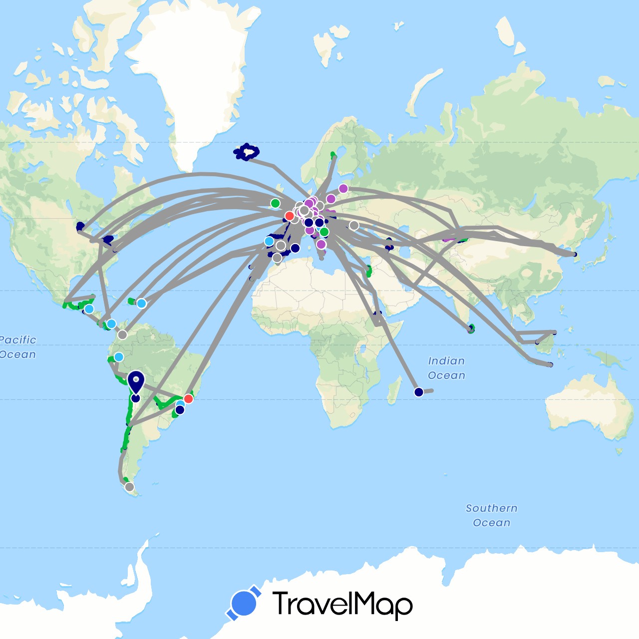 TravelMap itinerary: driving, bus, plane, cycling, train, hiking, boat, motorbike, electric vehicle in Andorra, United Arab Emirates, Albania, Armenia, Argentina, Austria, Belgium, Brunei, Bolivia, Brazil, Canada, Switzerland, Chile, Colombia, Costa Rica, Czech Republic, Germany, Denmark, Dominican Republic, Spain, Ethiopia, France, United Kingdom, Georgia, Gibraltar, Greece, Guatemala, Honduras, Croatia, Hungary, Indonesia, Ireland, Israel, Iceland, Italy, Jordan, Kyrgyzstan, South Korea, Kazakhstan, Liechtenstein, Sri Lanka, Luxembourg, Latvia, Morocco, Moldova, Malta, Mauritius, Mexico, Malaysia, Netherlands, Panama, Peru, Poland, Palestinian Territories, Portugal, Paraguay, Romania, Sweden, Singapore, Slovenia, Slovakia, San Marino, Turkey, United States (Africa, Asia, Europe, North America, South America)