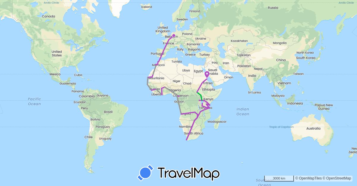 TravelMap itinerary: bus, plane, train in Angola, Burkina Faso, Democratic Republic of the Congo, Côte d'Ivoire, Cameroon, Germany, Western Sahara, France, Guinea, Kenya, Morocco, Mauritania, Sudan, Senegal, South Sudan, Tanzania, Uganda, South Africa, Zambia, Zimbabwe (Africa, Europe)