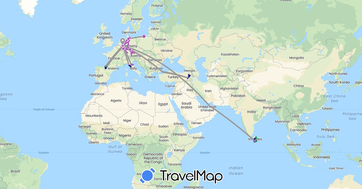 TravelMap itinerary: driving, bus, plane, train, hiking, boat, motorbike, electric vehicle in United Arab Emirates, Germany, Spain, Italy, Sri Lanka, Poland, San Marino, Turkey (Asia, Europe)