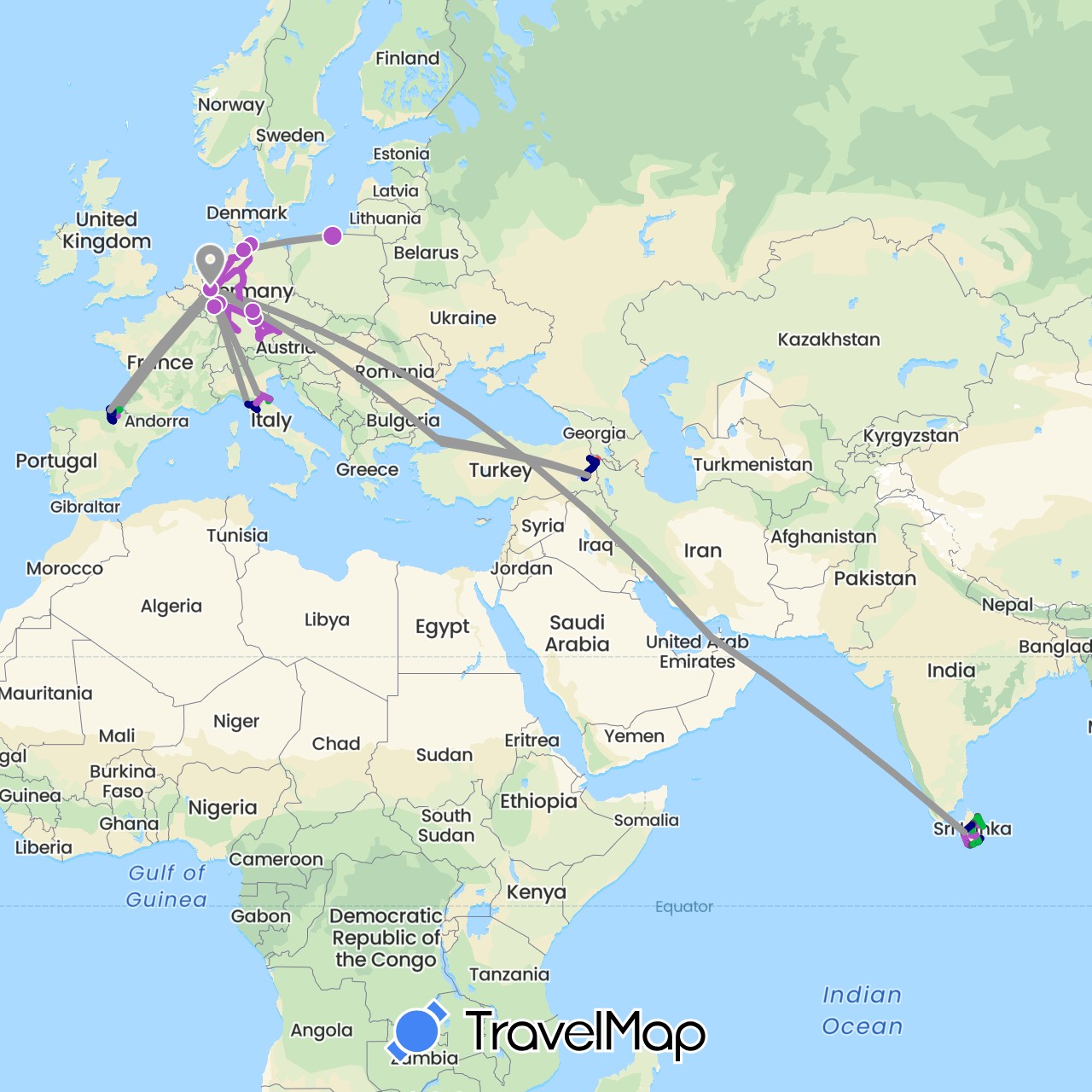 TravelMap itinerary: driving, bus, plane, train, hiking, boat, motorbike, electric vehicle in United Arab Emirates, Germany, Spain, Italy, Sri Lanka, Poland, San Marino, Turkey (Asia, Europe)