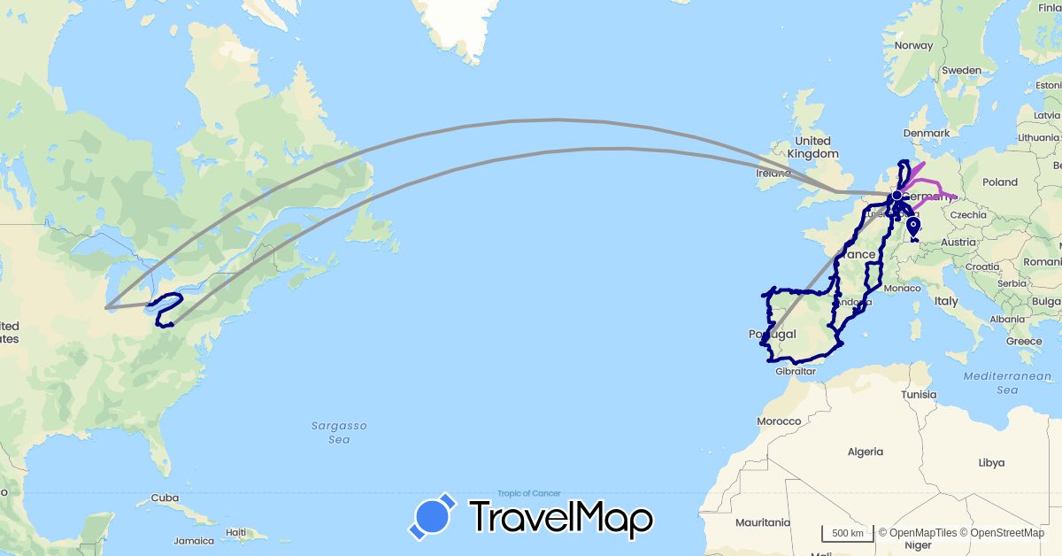 TravelMap itinerary: driving, plane, train, hiking, boat in Canada, Switzerland, Germany, Spain, France, United Kingdom, Luxembourg, Netherlands, Portugal, United States (Europe, North America)