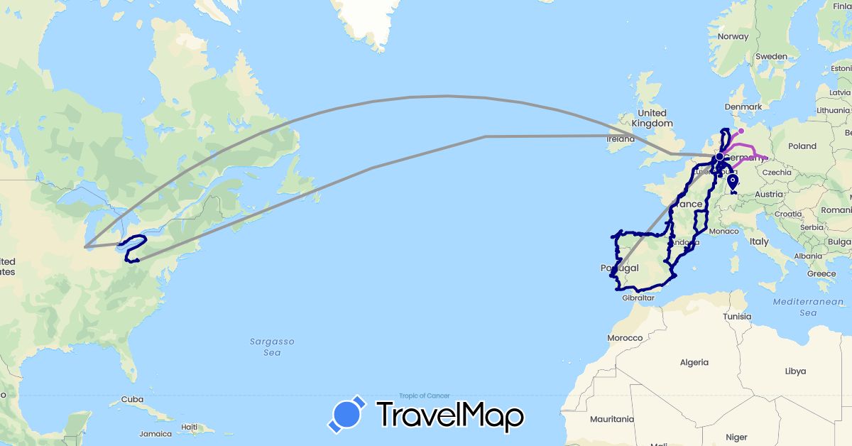 TravelMap itinerary: driving, plane, train, hiking, boat in Canada, Switzerland, Germany, Spain, France, United Kingdom, Luxembourg, Netherlands, Portugal, United States (Europe, North America)