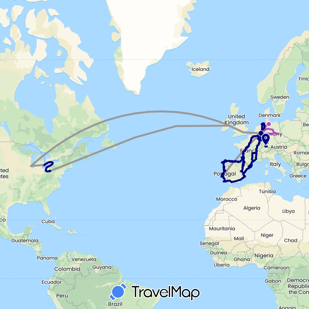 TravelMap itinerary: driving, plane, train, hiking, boat in Canada, Switzerland, Germany, Spain, France, United Kingdom, Luxembourg, Netherlands, Portugal, United States (Europe, North America)