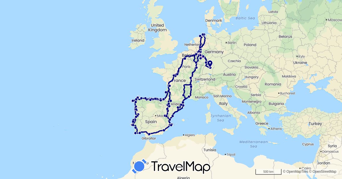 TravelMap itinerary: driving, train, hiking, boat in Germany, Spain, France, Luxembourg, Portugal (Europe)