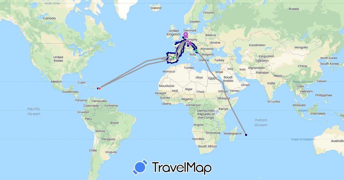 TravelMap itinerary: driving, bus, plane, train, hiking, boat in Austria, Belgium, Germany, Spain, France, Croatia, Luxembourg, Mauritius, Netherlands, Portugal, Slovenia, United States (Africa, Europe, North America)