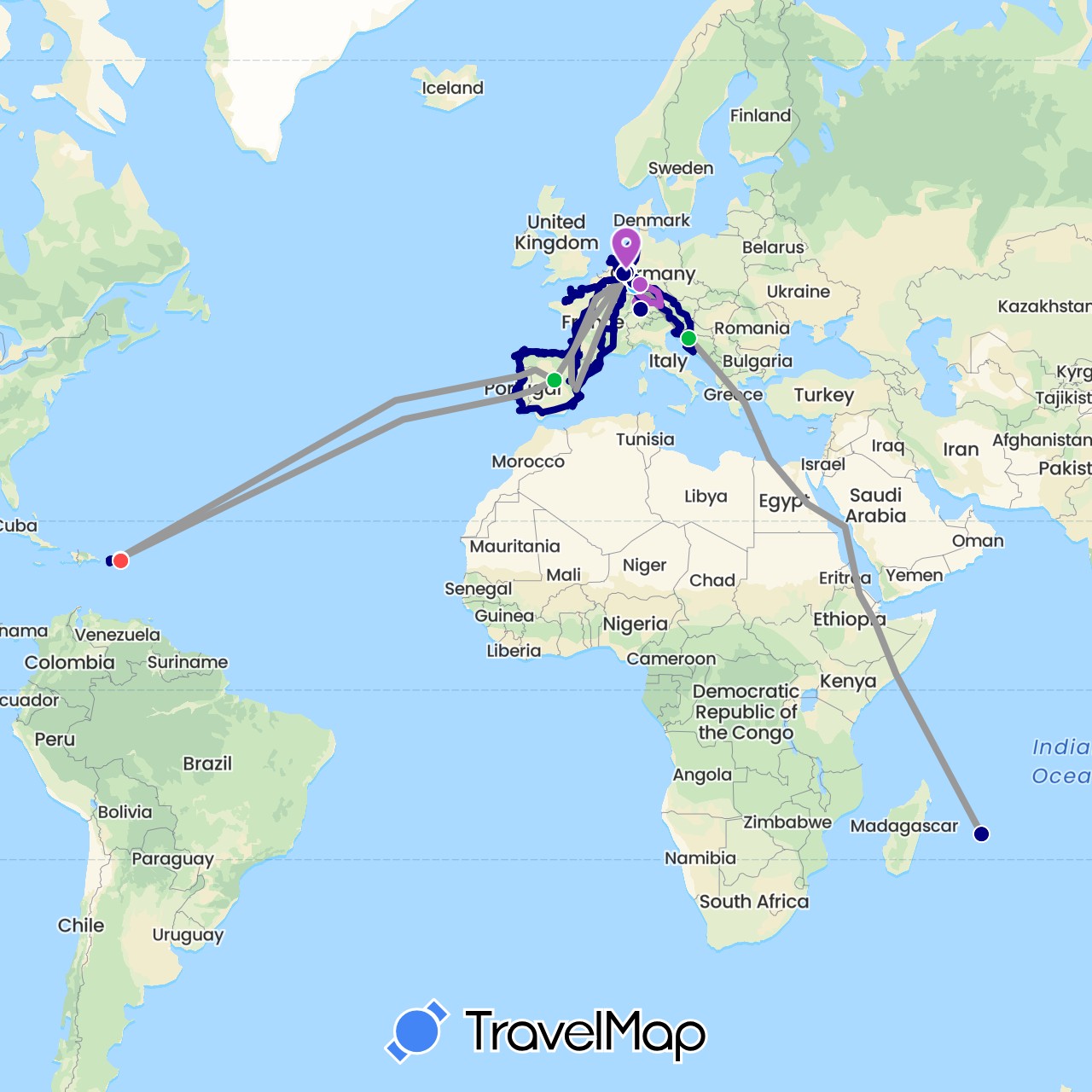 TravelMap itinerary: driving, bus, plane, train, hiking, boat in Austria, Belgium, Germany, Spain, France, Croatia, Luxembourg, Mauritius, Netherlands, Portugal, Slovenia, United States (Africa, Europe, North America)