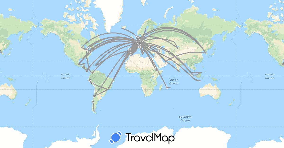 TravelMap itinerary: driving, plane in United Arab Emirates, Albania, Armenia, Austria, Belgium, Brunei, Brazil, Switzerland, Chile, Colombia, Costa Rica, Germany, Denmark, Dominican Republic, Spain, Ethiopia, France, United Kingdom, Georgia, Greece, Guatemala, Indonesia, Ireland, Israel, Iceland, Italy, South Korea, Kazakhstan, Sri Lanka, Latvia, Morocco, Moldova, Malta, Mauritius, Mexico, Malaysia, Netherlands, Panama, Peru, Poland, Portugal, Romania, Sweden, Singapore, Turkey, United States (Africa, Asia, Europe, North America, South America)