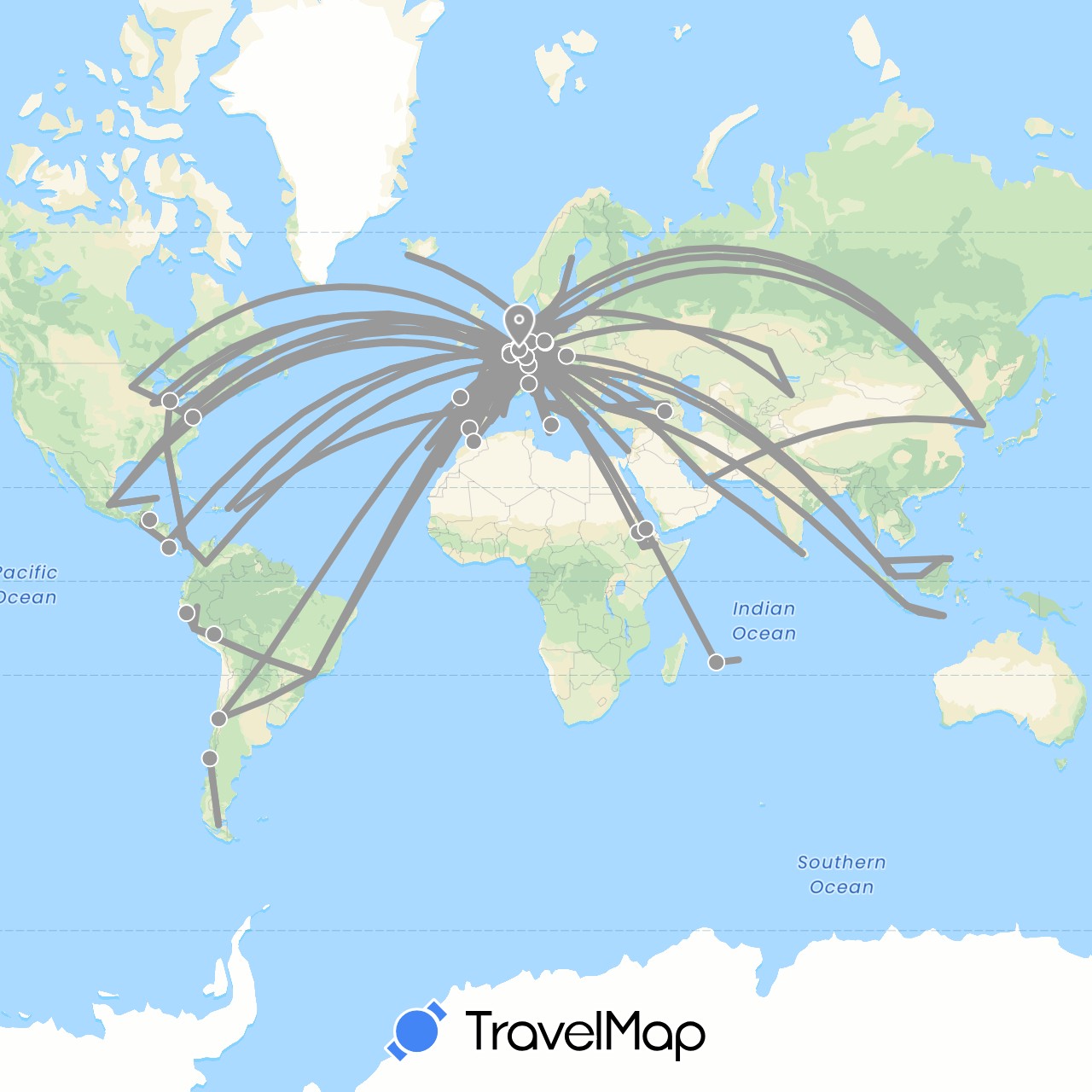 TravelMap itinerary: driving, plane in United Arab Emirates, Albania, Armenia, Austria, Belgium, Brunei, Brazil, Switzerland, Chile, Colombia, Costa Rica, Germany, Denmark, Dominican Republic, Spain, Ethiopia, France, United Kingdom, Georgia, Greece, Guatemala, Indonesia, Ireland, Israel, Iceland, Italy, South Korea, Kazakhstan, Sri Lanka, Latvia, Morocco, Moldova, Malta, Mauritius, Mexico, Malaysia, Netherlands, Panama, Peru, Poland, Portugal, Romania, Sweden, Singapore, Turkey, United States (Africa, Asia, Europe, North America, South America)