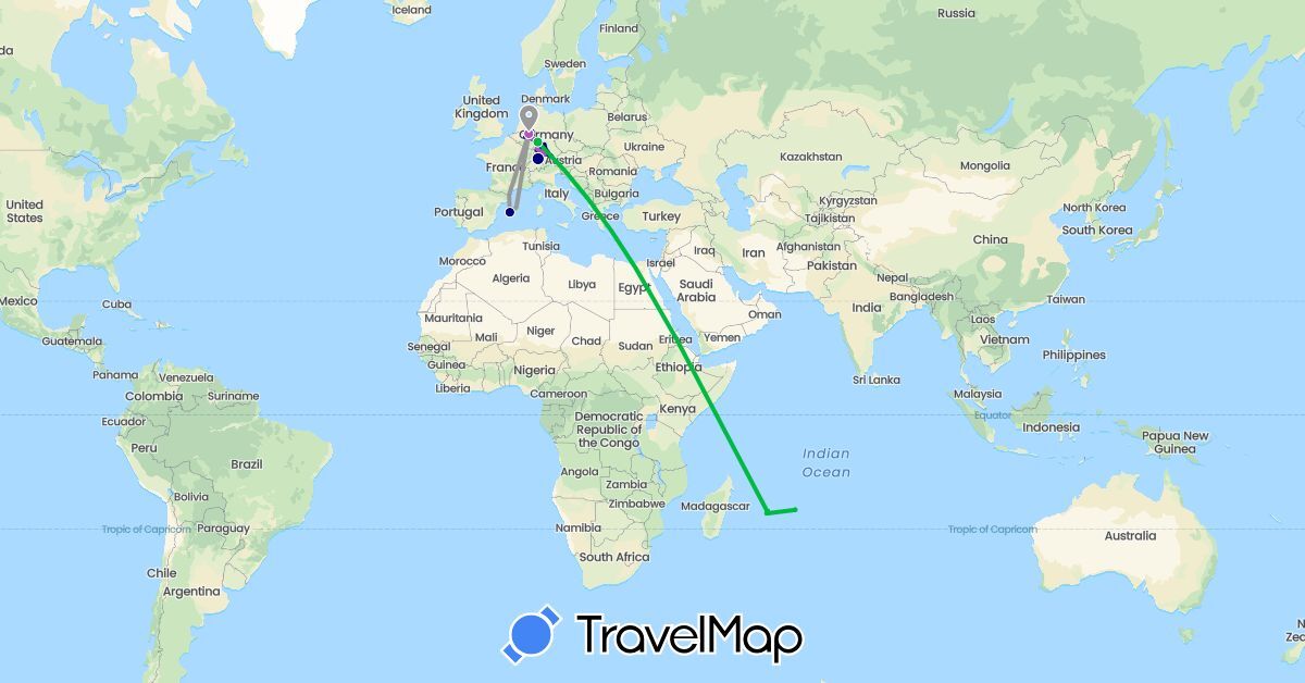 TravelMap itinerary: driving, bus, train, hiking in Germany, Mauritius (Africa, Europe)