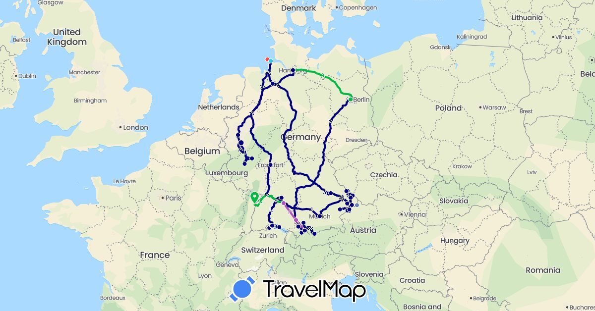 TravelMap itinerary: driving, bus, cycling, train, hiking, boat in Austria, Switzerland, Germany, France (Europe)