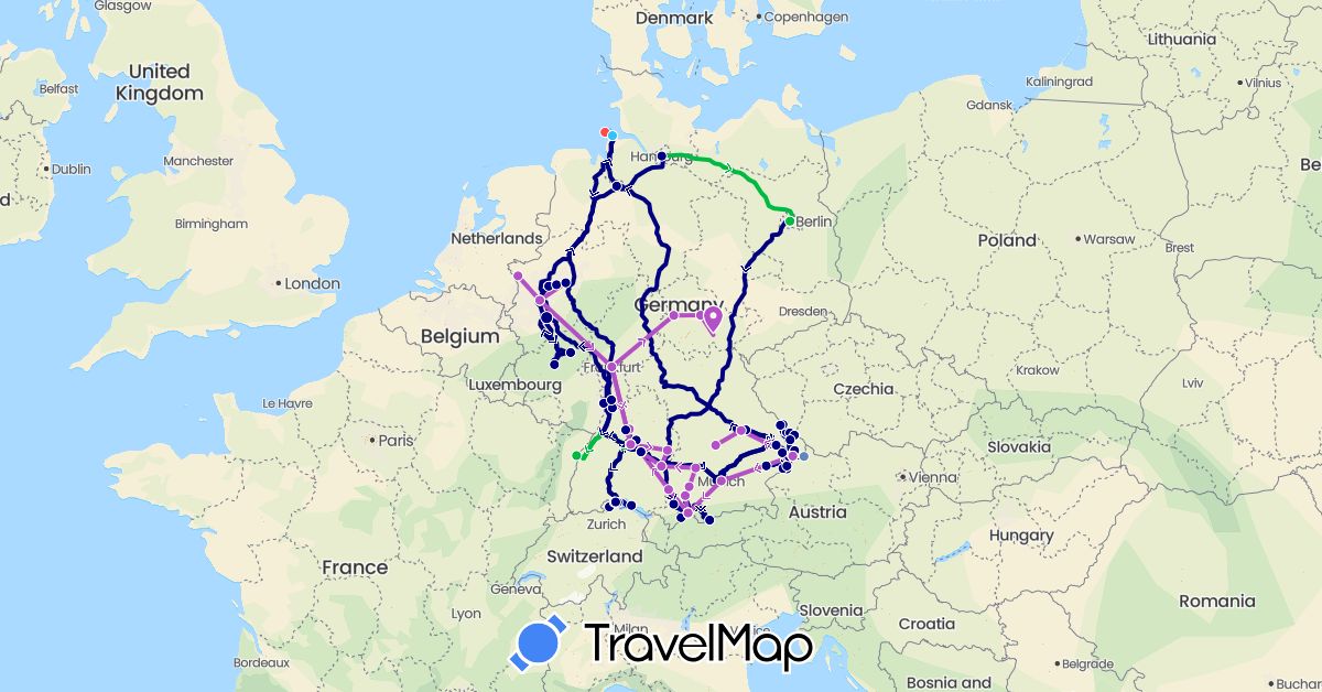 TravelMap itinerary: driving, bus, cycling, train, hiking, boat in Austria, Switzerland, Germany, France (Europe)