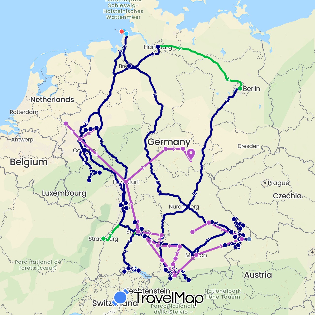 TravelMap itinerary: driving, bus, cycling, train, hiking, boat in Austria, Switzerland, Germany, France (Europe)