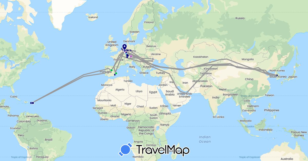 TravelMap itinerary: driving, bus, plane, train, hiking, boat in United Arab Emirates, Austria, Belgium, Germany, Spain, France, South Korea, Moldova, Netherlands, United States (Asia, Europe, North America)