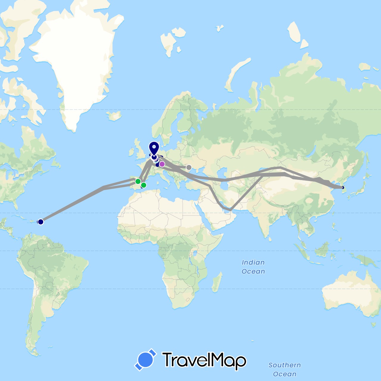 TravelMap itinerary: driving, bus, plane, train, hiking, boat in United Arab Emirates, Austria, Belgium, Germany, Spain, France, South Korea, Moldova, Netherlands, United States (Asia, Europe, North America)