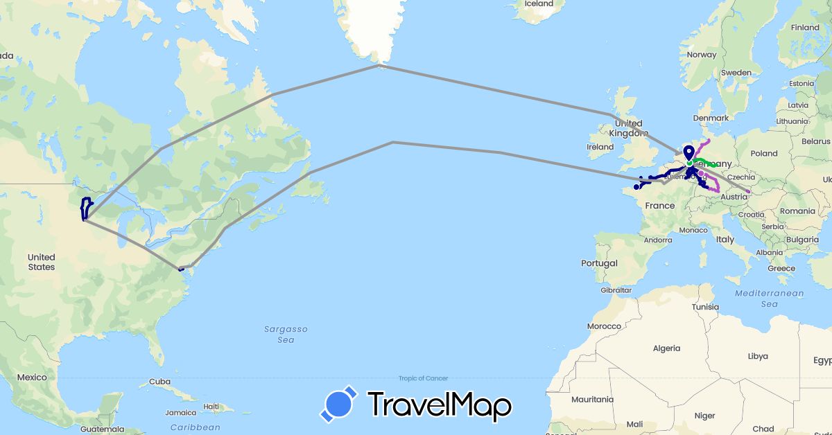 TravelMap itinerary: driving, bus, plane, cycling, train, hiking in Austria, Germany, France, Luxembourg, Netherlands, United States (Europe, North America)