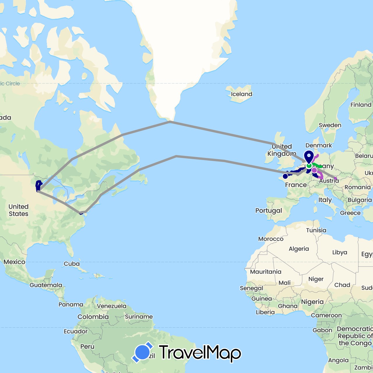 TravelMap itinerary: driving, bus, plane, cycling, train, hiking in Austria, Germany, France, Luxembourg, Netherlands, United States (Europe, North America)